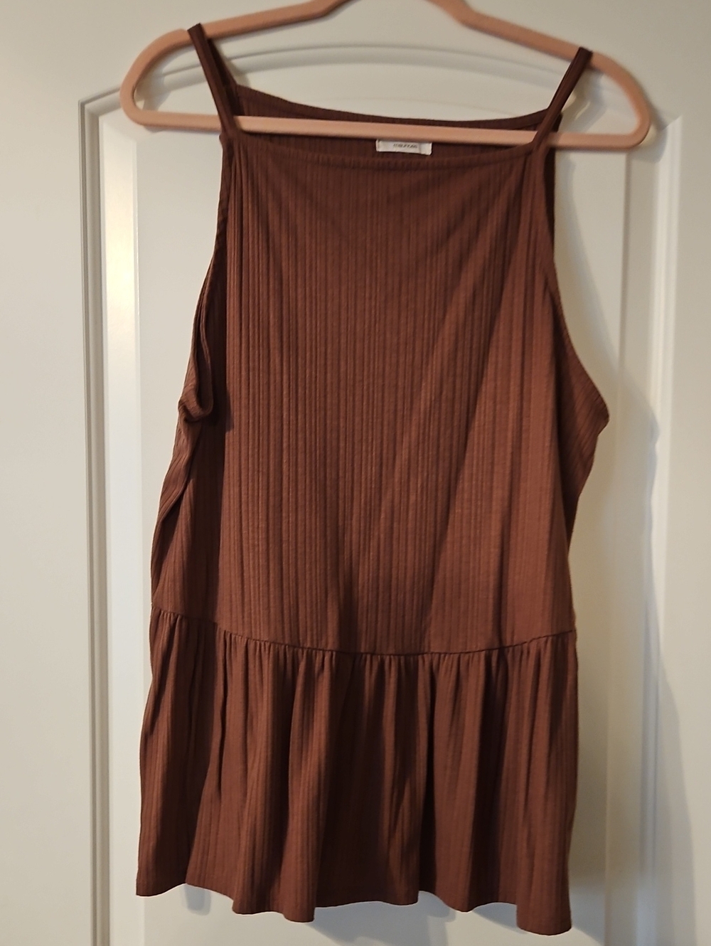 Brown Ribbed Sleeveless Peplum Top